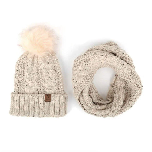 Damen-Mütze und -Loopschal-Set aus meliertem Strick