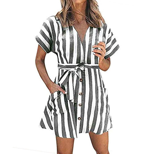 Damen gestreiftes Wickelkleid mit kurzen Ärmeln, V-Ausschnitt, Knopfleiste vorne und Bindegürtel