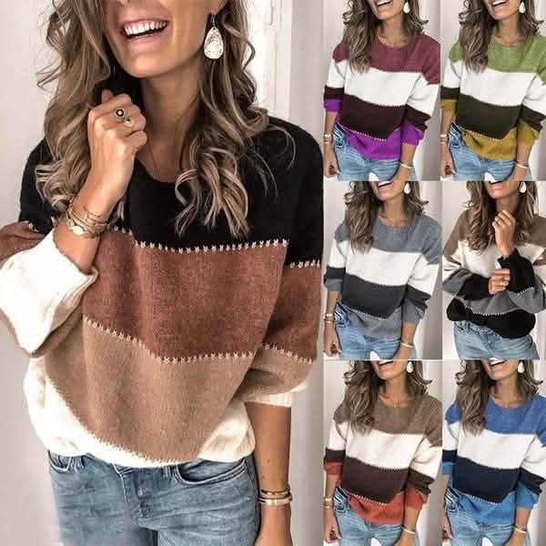 Damen Gestreifte Patchwork Streetwear Loose Strickpullover Oberteile