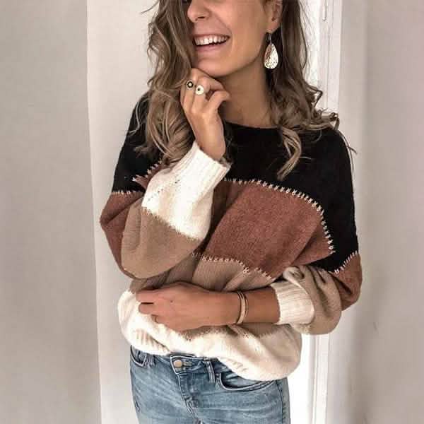 Damen Gestreifte Patchwork Streetwear Loose Strickpullover Oberteile