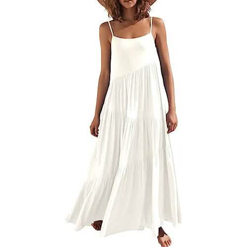 Damen Sommer Lässig Locker Ärmellos Spaghettiträger Asymmetrisch Stufen Strand Maxikleid