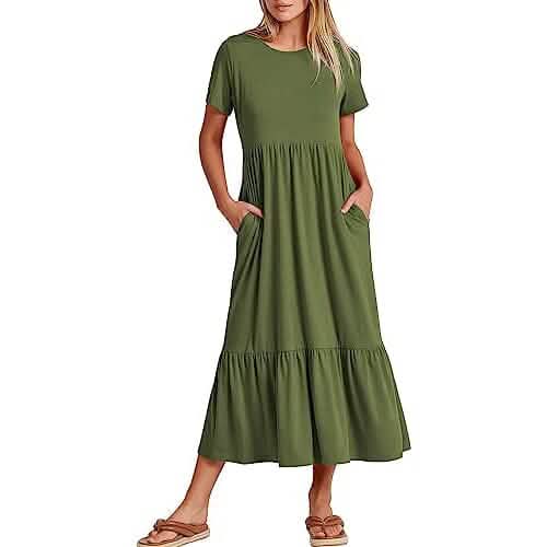 Damen Sommer Casual Kurzarm Rundhals Schwingkleid