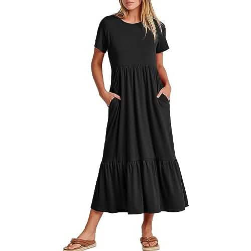 Damen Sommer Casual Kurzarm Rundhals Schwingkleid