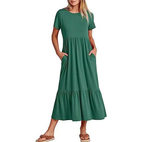 Damen Sommer Casual Kurzarm Rundhals Schwingkleid