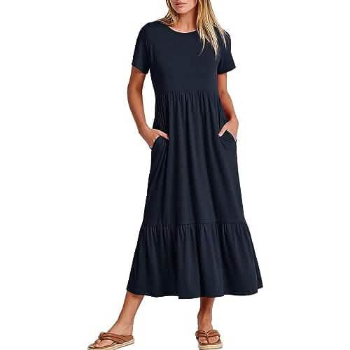 Damen Sommer Casual Kurzarm Rundhals Schwingkleid