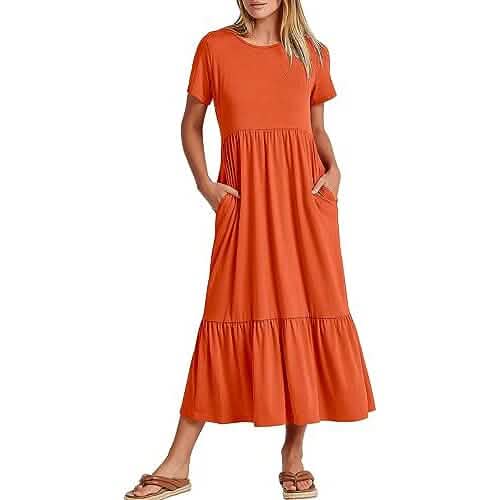 Damen Sommer Casual Kurzarm Rundhals Schwingkleid
