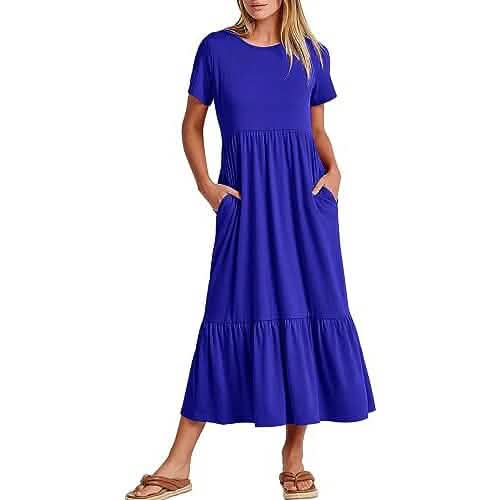 Damen Sommer Casual Kurzarm Rundhals Schwingkleid