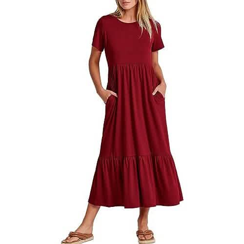 Damen Sommer Casual Kurzarm Rundhals Schwingkleid