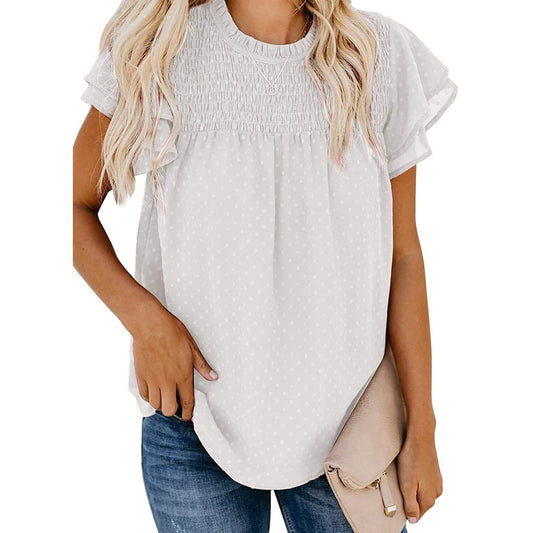 Damen Sommer Süße Rundhals Spitze Häkel Chiffon Bluse