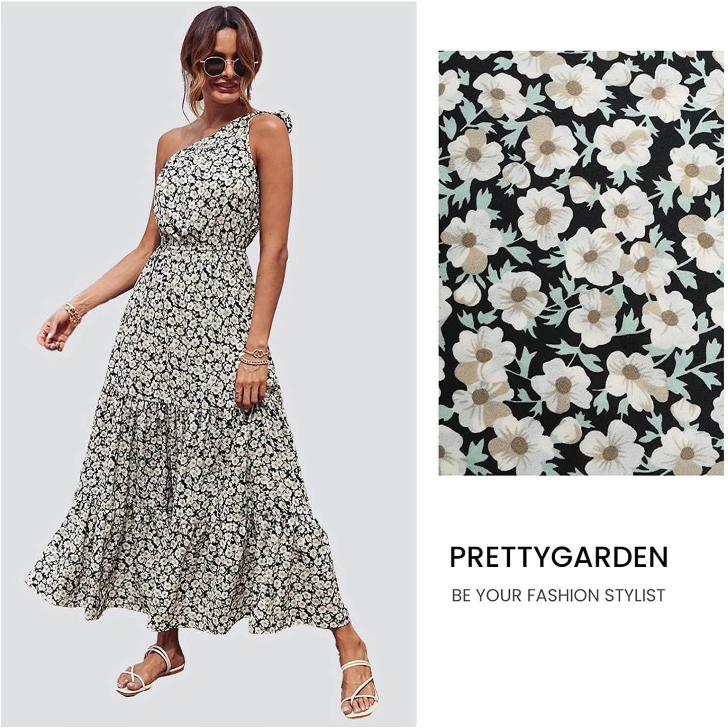 Damen Sommer Blumen One Shoulder Maxikleider mit Rüschensaum
