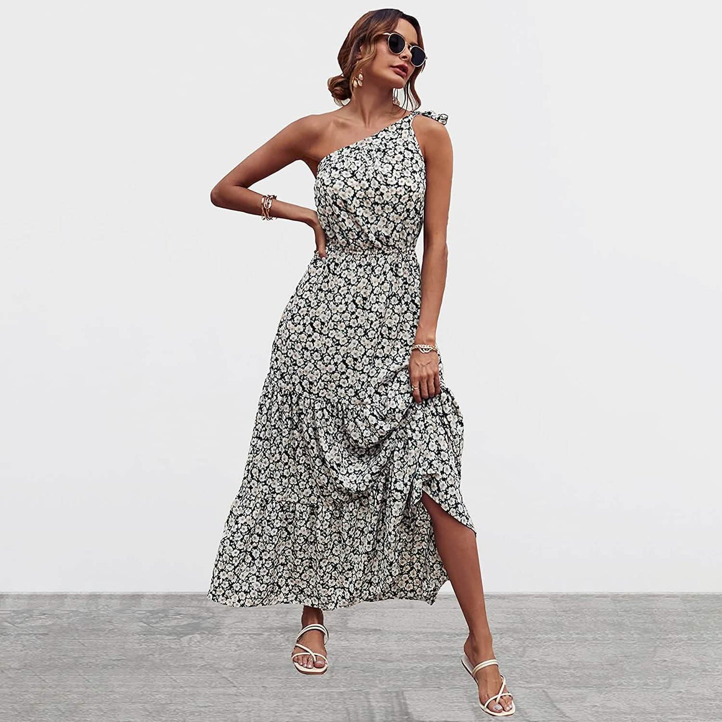Damen Sommer Blumen One Shoulder Maxikleider mit Rüschensaum
