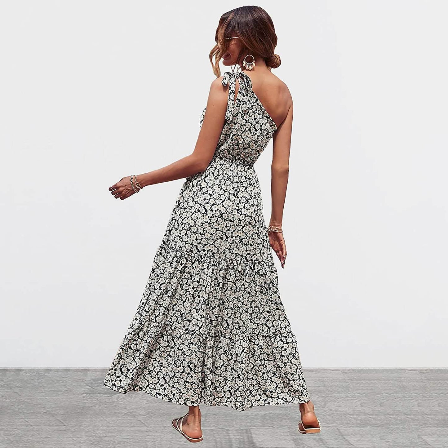 Damen Sommer Blumen One Shoulder Maxikleider mit Rüschensaum