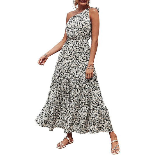Damen Sommer Blumen One Shoulder Maxikleider mit Rüschensaum