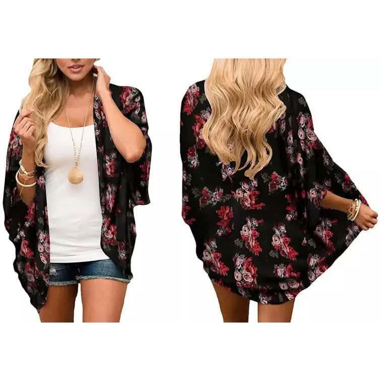 Damen Sommer Kimono Cardigan Überwurf mit Leoparden- und Blumenmuster
