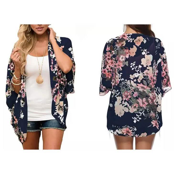 Damen Sommer Kimono Cardigan Überwurf mit Leoparden- und Blumenmuster