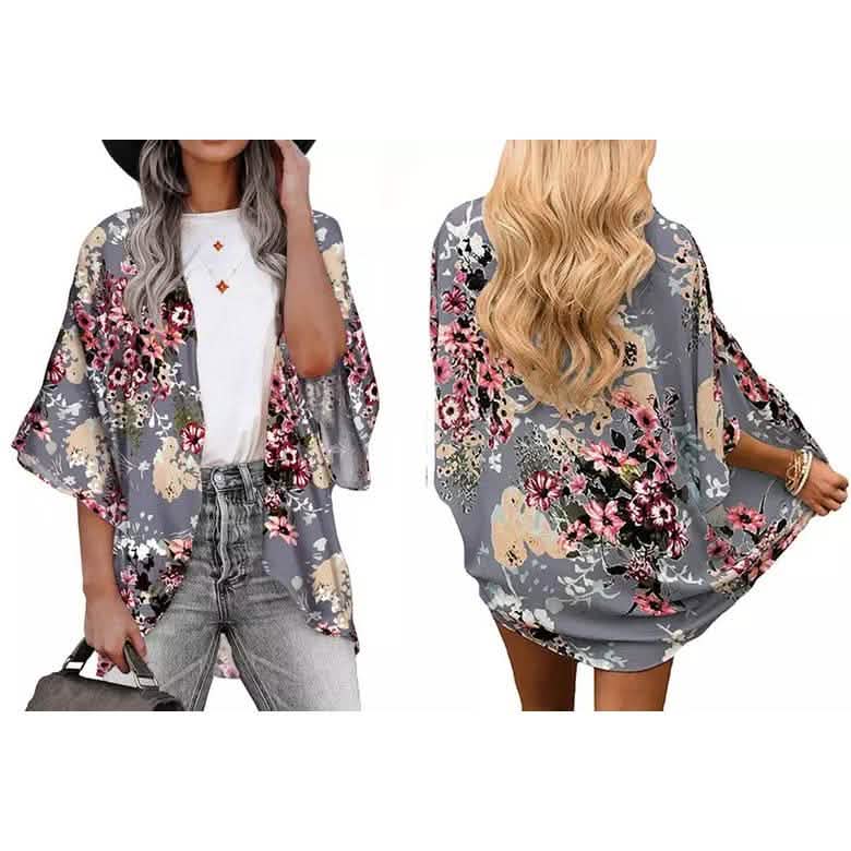 Damen Sommer Kimono Cardigan Überwurf mit Leoparden- und Blumenmuster