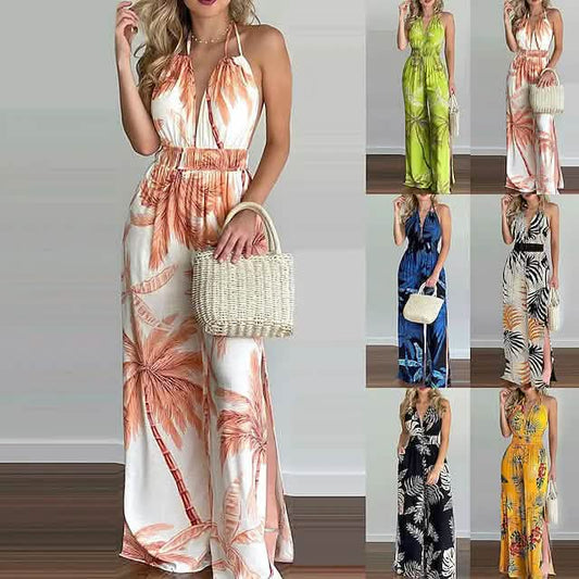 Damen Sommer Overall mit Digitaldruck, farbigem Schlitz und weitem Bein