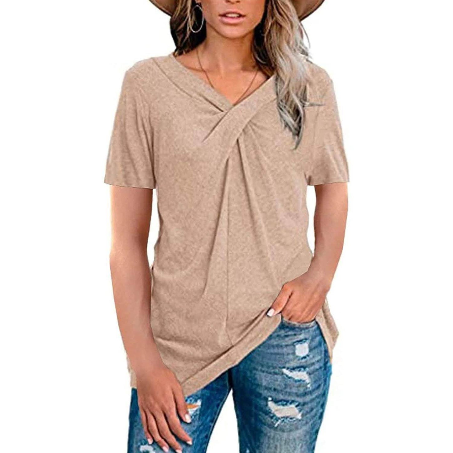 Damen-Sommershirts V-Ausschnitt Kurzarm-Oberteile Kreuzknoten