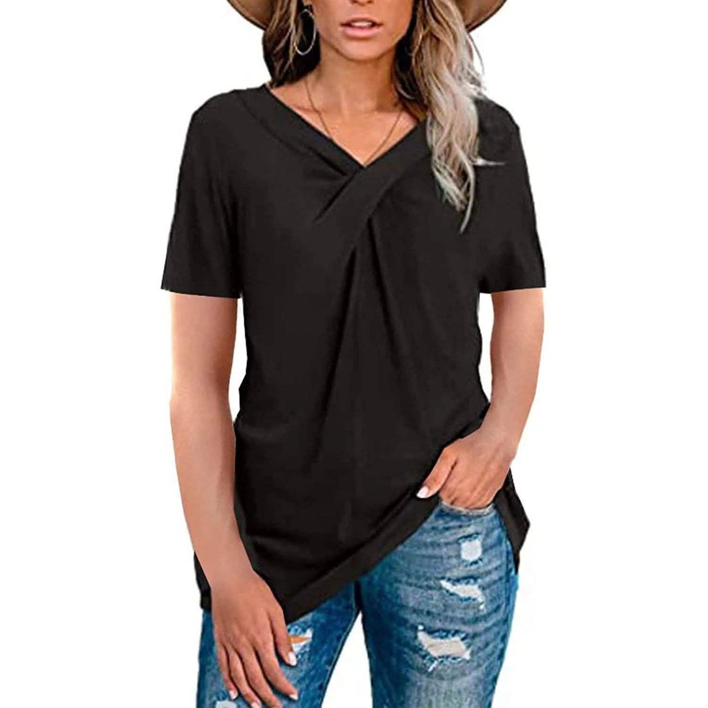 Damen-Sommershirts V-Ausschnitt Kurzarm-Oberteile Kreuzknoten