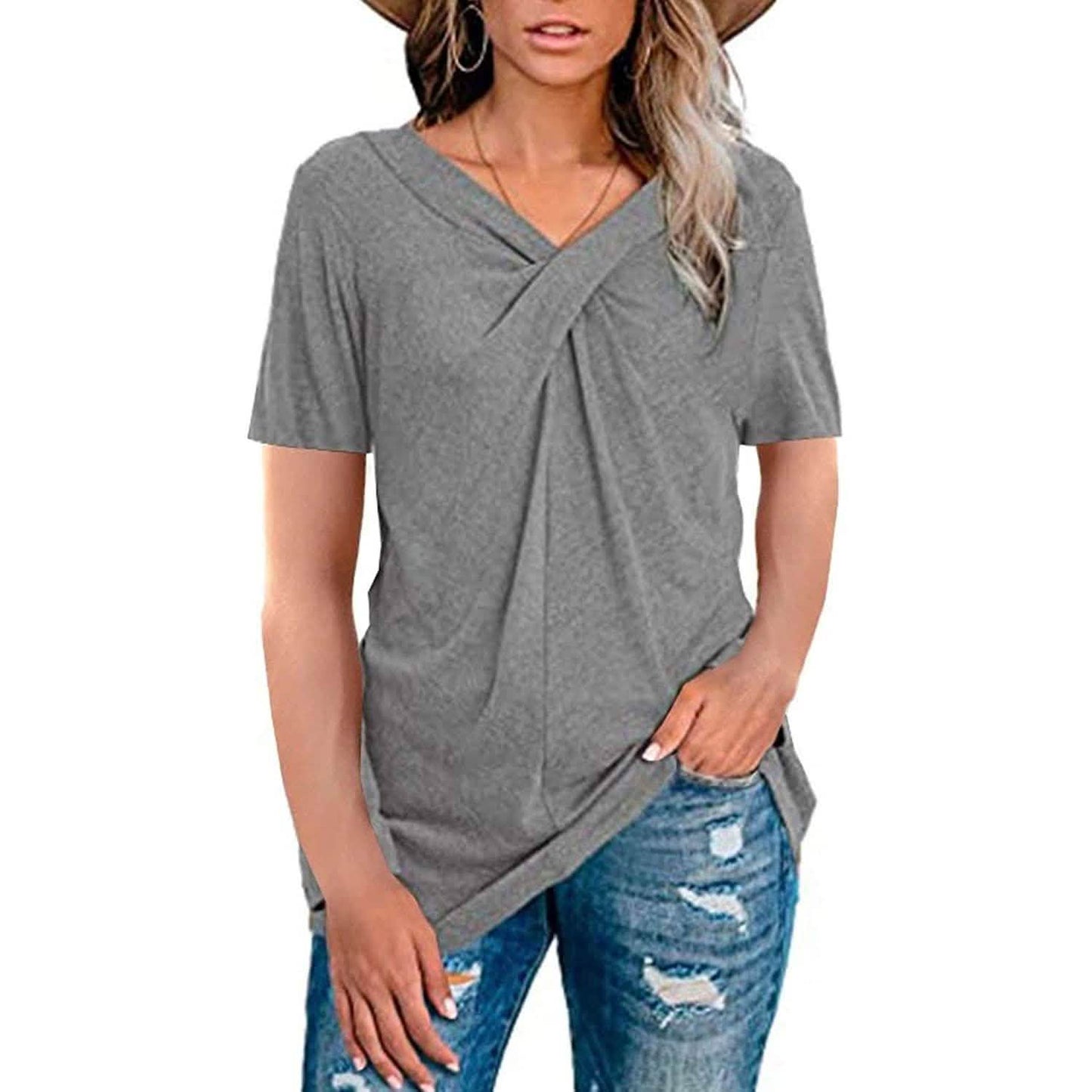 Damen-Sommershirts V-Ausschnitt Kurzarm-Oberteile Kreuzknoten