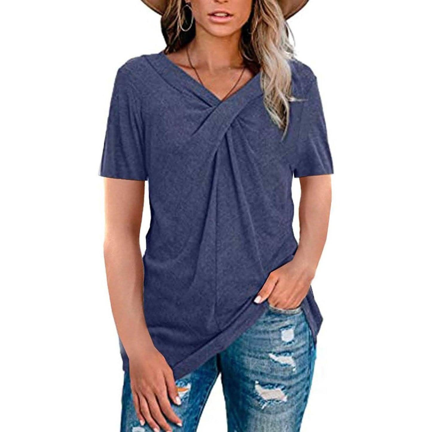 Damen-Sommershirts V-Ausschnitt Kurzarm-Oberteile Kreuzknoten