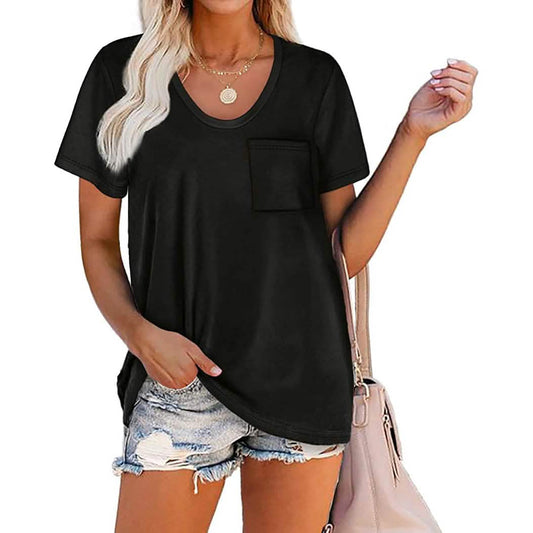 Damen Sommer Kurzarm Rundhals Top mit Tasche