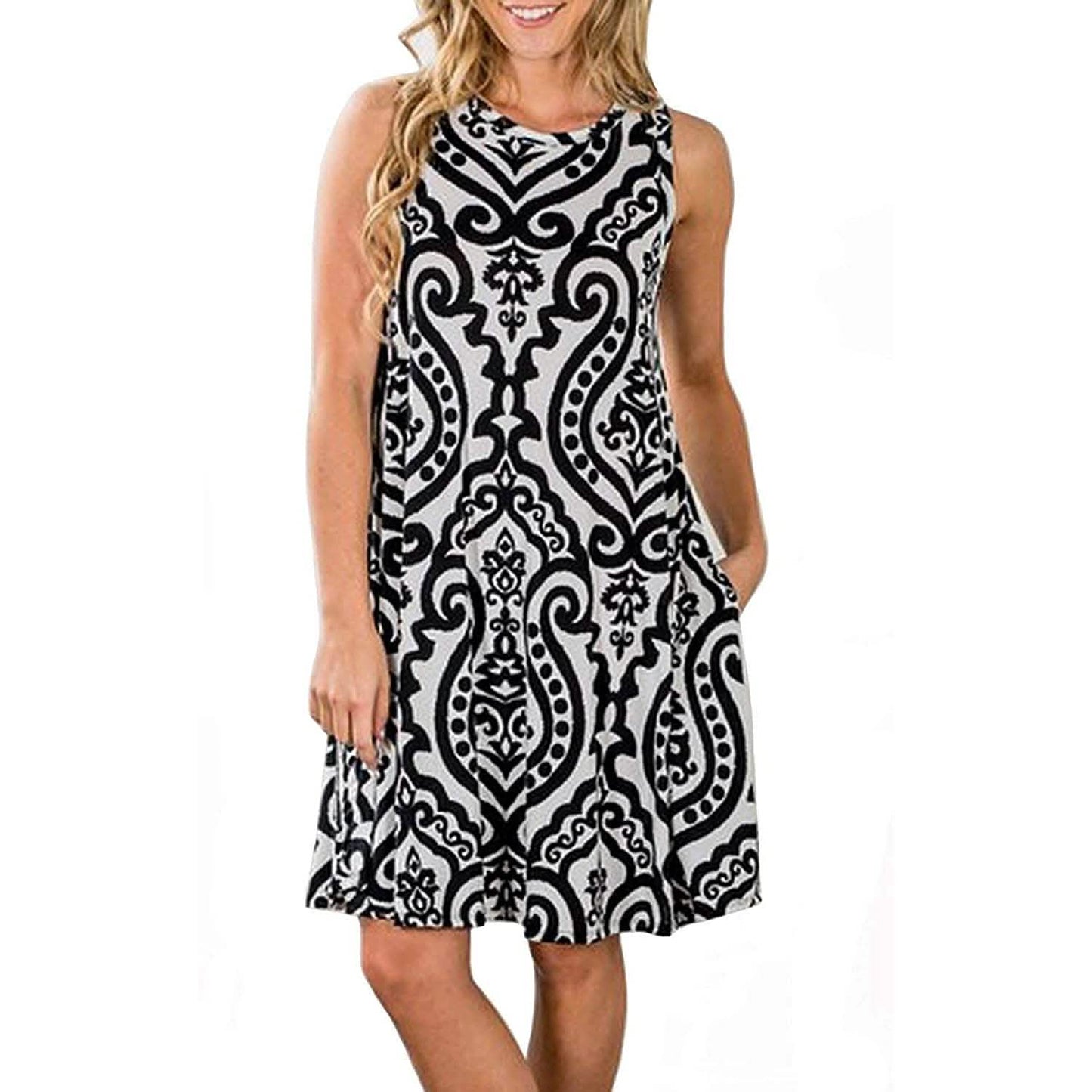 Damen Sommer Ärmelloses Damastdruck-Kleid mit Taschen, locker geschnitten, als Strandkleid/Überwurf geeignet