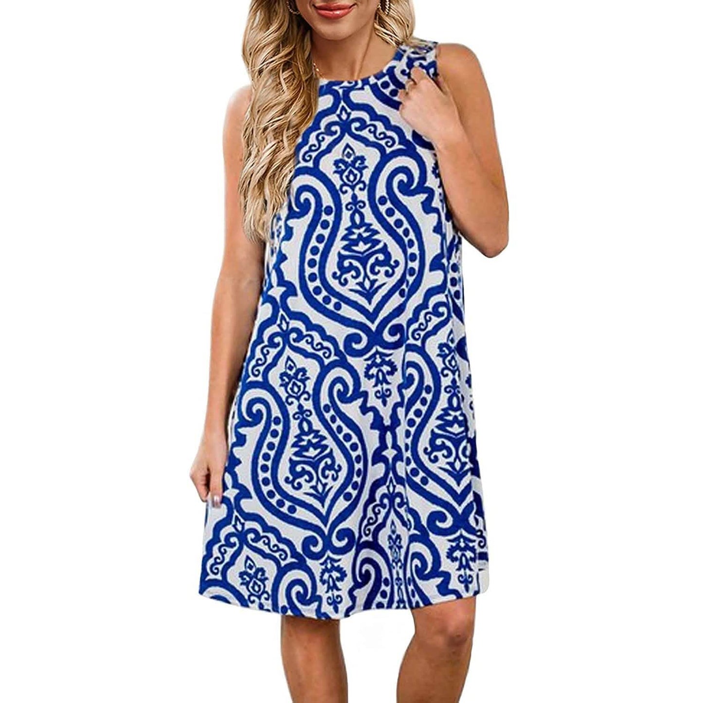 Damen Sommer Ärmelloses Damastdruck-Kleid mit Taschen, locker geschnitten, als Strandkleid/Überwurf geeignet
