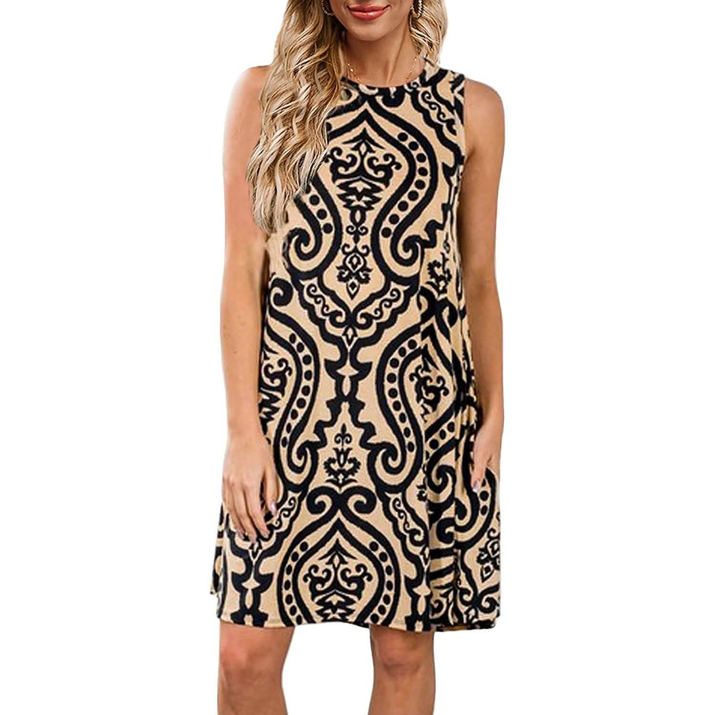 Damen Sommer Ärmelloses Damastdruck-Kleid mit Taschen, locker geschnitten, als Strandkleid/Überwurf geeignet