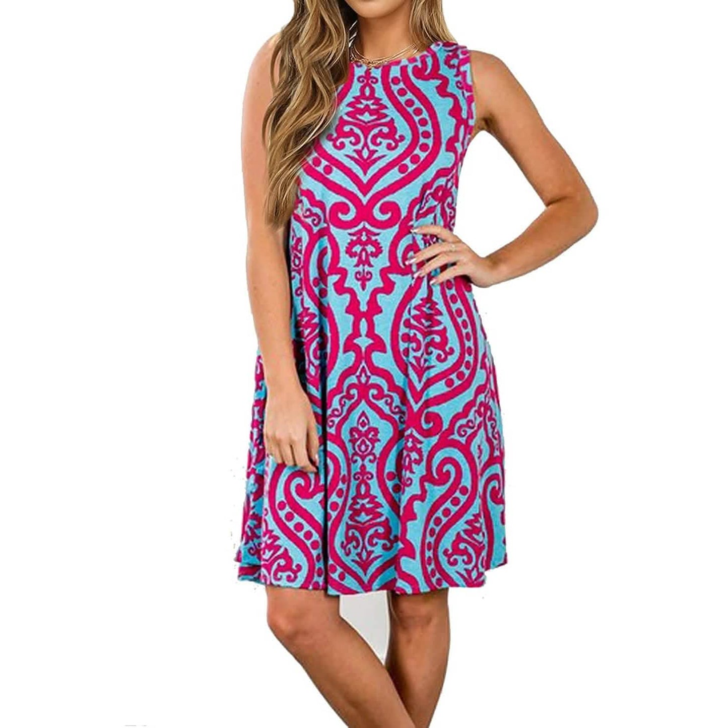 Damen Sommer Ärmelloses Damastdruck-Kleid mit Taschen, locker geschnitten, als Strandkleid/Überwurf geeignet