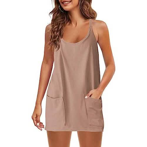 Damen Sommer Ärmelloses Minikleid V-Ausschnitt Spaghettiträger mit Taschen