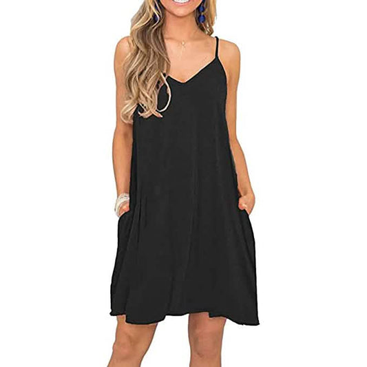 Damen Sommer Spaghettiträger Freizeit Swing Strandkleid mit Taschen
