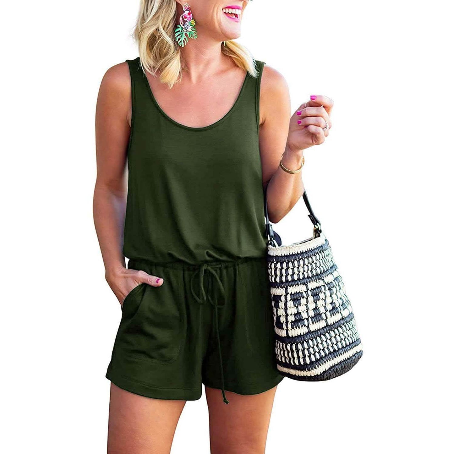 Damen Sommer Träger-Overall, lässig, locker, ärmellos, mit Bündchen und elastischem Bund, Einteiler mit Taschen