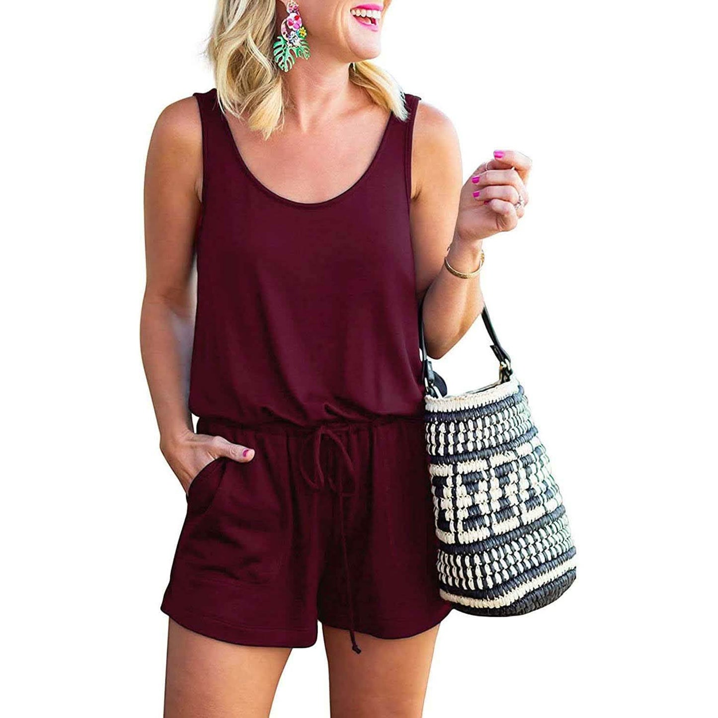 Damen Sommer Träger-Overall, lässig, locker, ärmellos, mit Bündchen und elastischem Bund, Einteiler mit Taschen
