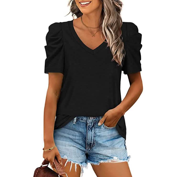 Damen Sommer V-Ausschnitt Freizeit-T-Shirt