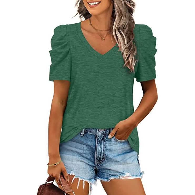 Damen Sommer V-Ausschnitt Freizeit-T-Shirt