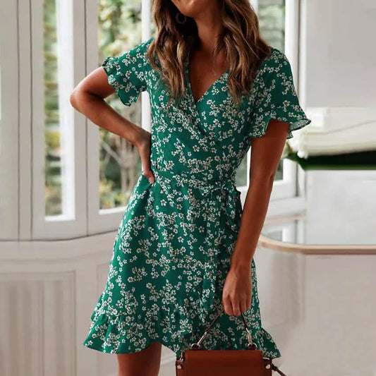 Damen-Sommer-Wickelkleid mit V-Ausschnitt und kurzen Ärmeln