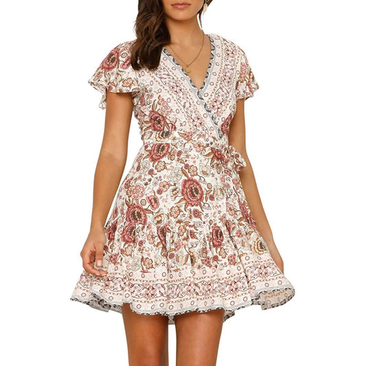 Damen Sommer Wickelkleid V-Ausschnitt Böhmisches Blumenmuster Minikleid