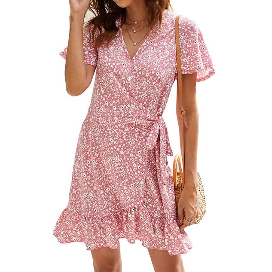 Damen Sommer Wickelkleid mit V-Ausschnitt und Tupfenmuster