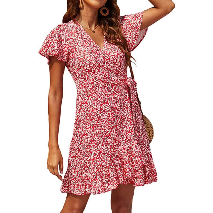 Damen Sommer Wickelkleid mit V-Ausschnitt und Tupfenmuster
