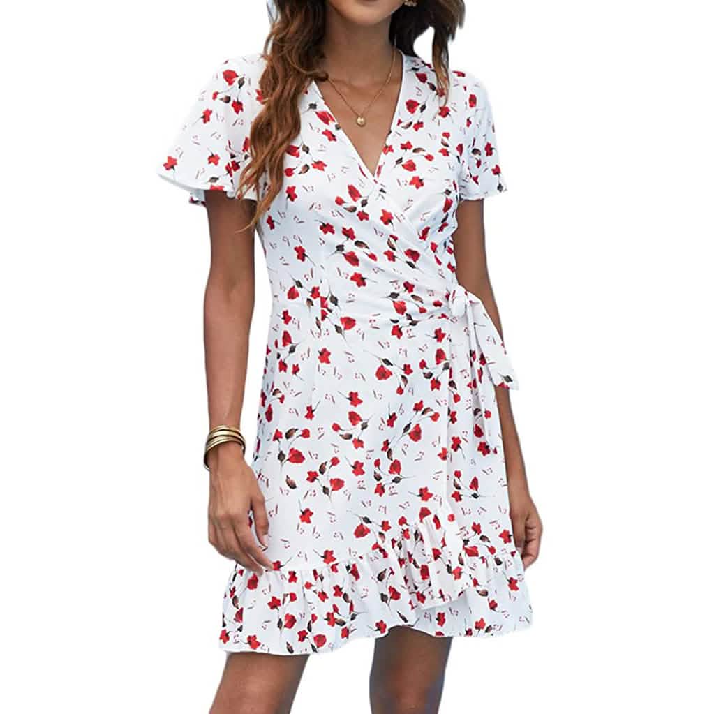 Damen Sommer Wickelkleid mit V-Ausschnitt und Tupfenmuster