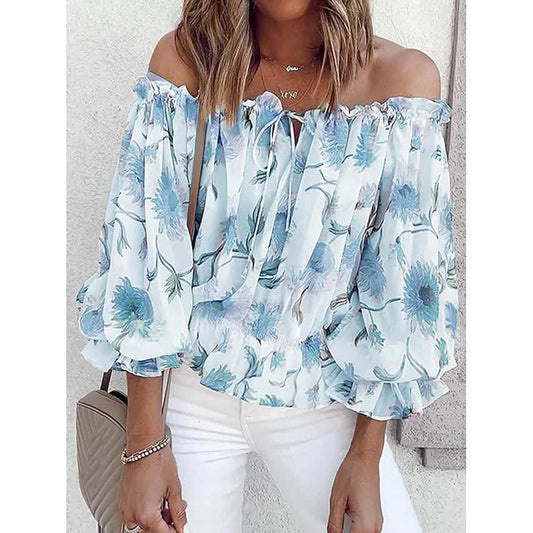 Damen T-Shirt mit Blumenmuster, schulterfreies Oberteil mit Puffärmeln