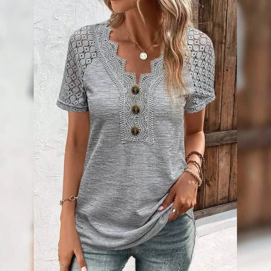 Damen T-Shirt Uni Spitze Knopf Kurzarm