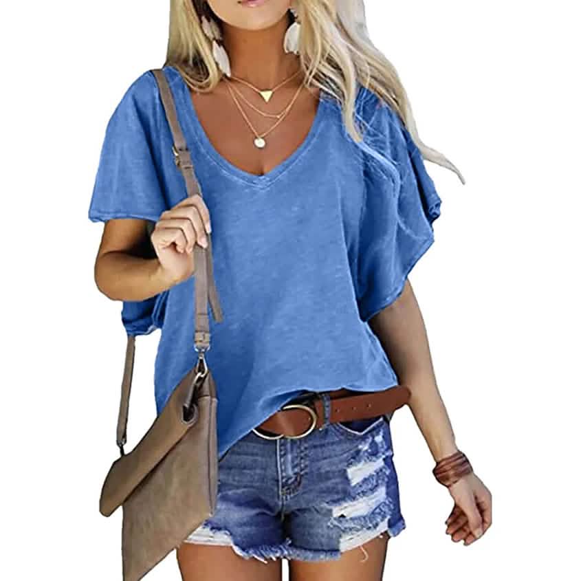 Damen T-Shirt Uni V-Ausschnitt Basic Casual Top