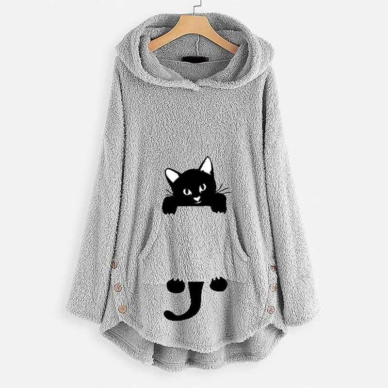 Damen Teddyfell Mantel Katze Tier Vordertasche Hoodies