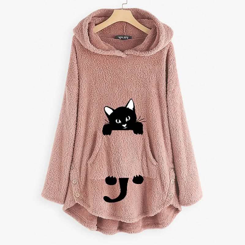Damen Teddyfell Mantel Katze Tier Vordertasche Hoodies