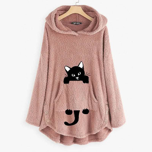 Damen Teddyfell Mantel Katze Tier Vordertasche Hoodies