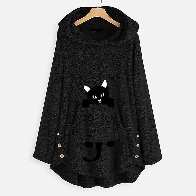 Damen Teddyfell Mantel Katze Tier Vordertasche Hoodies