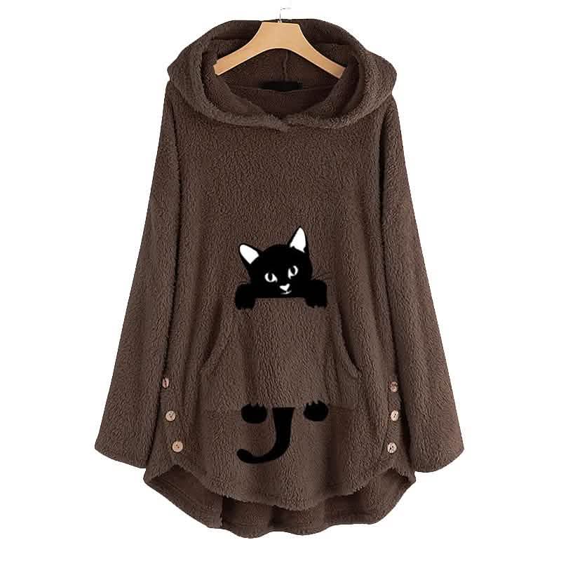 Damen Teddyfell Mantel Katze Tier Vordertasche Hoodies