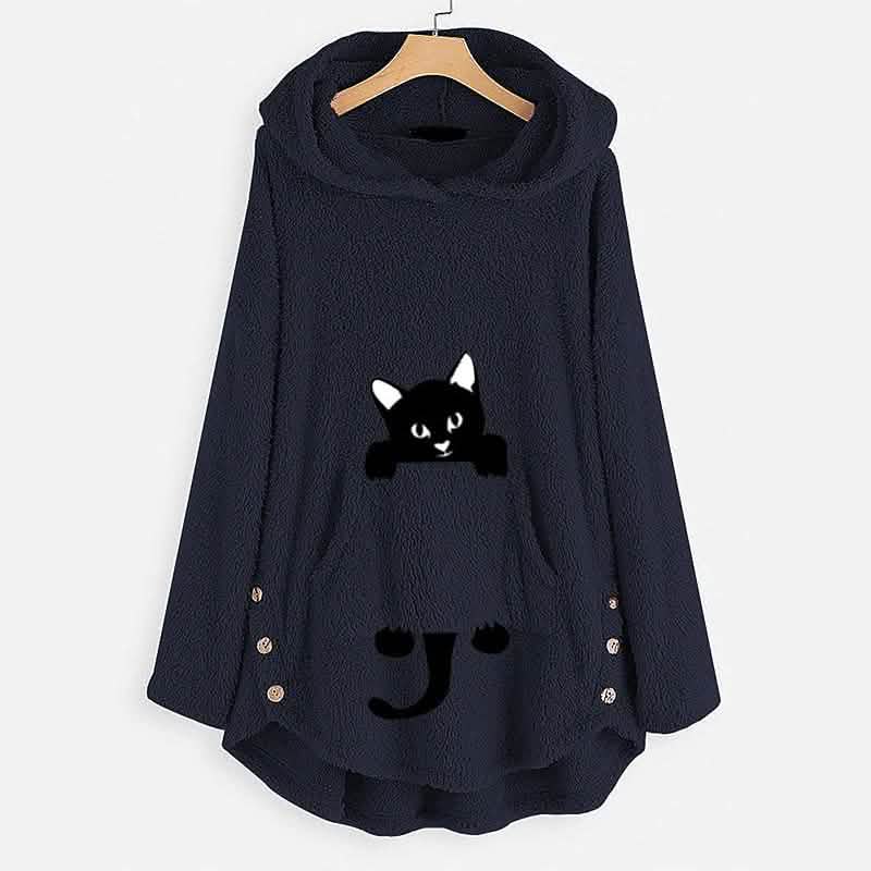 Damen Teddyfell Mantel Katze Tier Vordertasche Hoodies